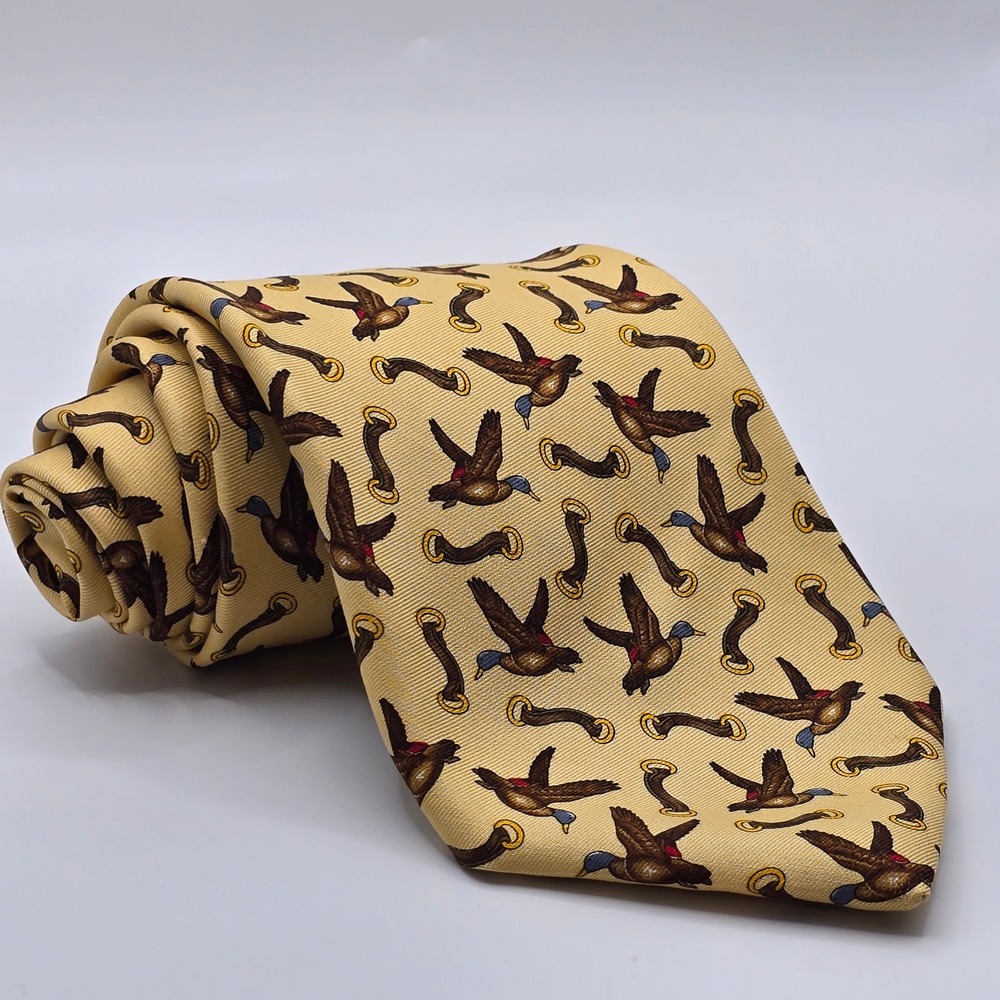 Vintage Brooks Brothers Mallard Duck Silk Tie Mens Yellow Sporting Bit
